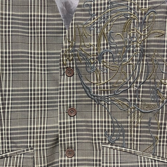 Johnny Max mens vest, grey plaid with embroidered overlay. Working pockets. Med - Picture 7 of 7